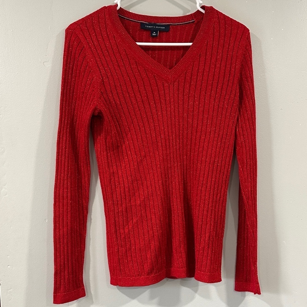Tommy Hilfiger Red V-Neck Ribbed Sweater size M